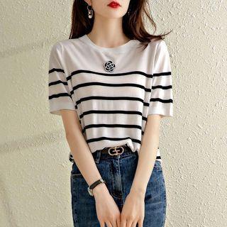 Short-sleeve Striped Beaded Flower T-shirt