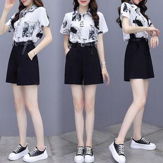 Set Of 2 - Print Short-sleeve Top + High-waist Shorts