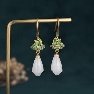 Lotus Alloy Faux Gemstone Dangle Earring Cp207 - 1 Pair - White & Green & Gold - One Size