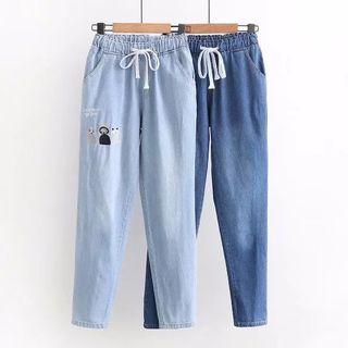 Drawstring Waist Cat Embroidered Washed Jeans