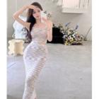 Set: Cropped Knit Camisole Top + High-waist Knit Skirt Pink - One Size