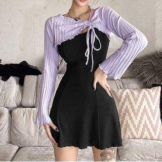 Set: Spaghetti-strap Mini A-line Dress + Ribbed Shrug