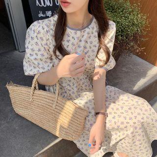 Puff-sleeve Floral Midi A-line Dress Purple Floral - Light Yellow - One Size
