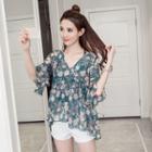 Elbow-sleeve Floral Ruffle Top