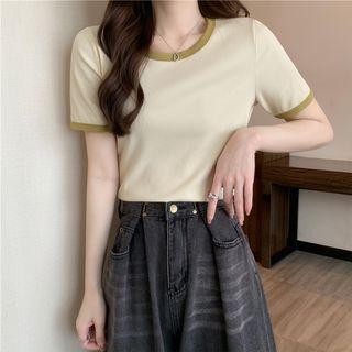 Short-sleeve Contrast Trim Plain T-shirt