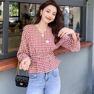 V-neck Plaid Two Tone Blouse