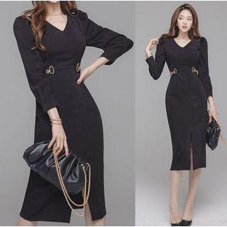 Long-sleeve Buckled Midi Dress