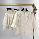 Ruffled Elbow-sleeve Eyelet Lace Blouse / Band Waist Tiered Skirt