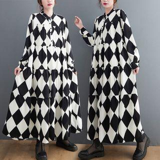 Argyle Tiered Maxi A-line Dress Argyle - Black & White - One Size