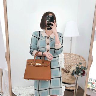 Set: Collar-detail Checked Cardigan + Band-waist Skirt