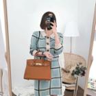Set: Collar-detail Checked Cardigan + Band-waist Skirt