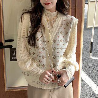 Floral Wavy Trim Cardigan Vest / Stand-collar Puff-sleeve Lace Top