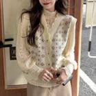 Floral Wavy Trim Cardigan Vest / Stand-collar Puff-sleeve Lace Top