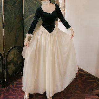 3/4/-sleeve Paneled Midi A-line Dress