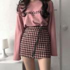 Long-sleeve Letter T-shirt / Asymmetric Zip Gingham Mini Skirt