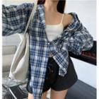 Long-sleeve Plaid Loose-fit Shirt / Plain Camisole Top / Slim-fit Shorts