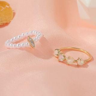 Set: Faux Pearl Ring + Rhinestone Ring Gold - One Size