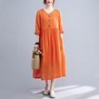 Set: Elbow-sleeve Flower Embroidered Midi Smock Dress + Slipdress