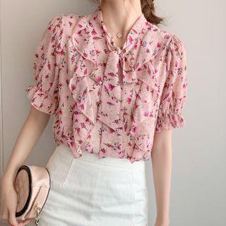 Floral Ruffle Trim Tie-neck Short-sleeve Blouse