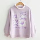 Lace Trim Printed Sweater Purple - One Size