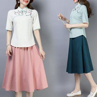 Set: Short-sleeve Hanfu Top + Midi Skirt