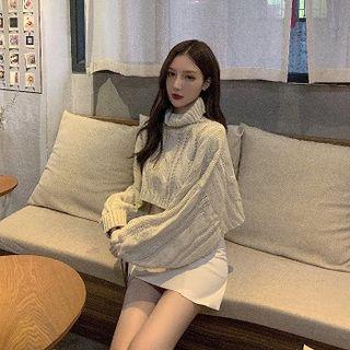 Plain Turtle-neck Loose-fit Long-sleeve Cable-knit Sweater / Plain High-waist Skirt