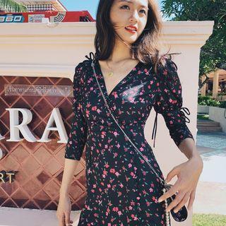 3/4-sleeve Floral Print Mini Sundress