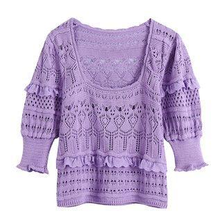 Puff-sleeve Ruffled Pointelle Knit Top