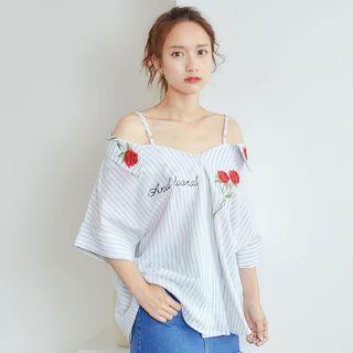 Off-shoulder Embroidered Striped Blouse