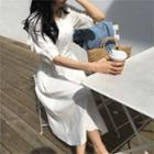 V-neck Elbow-sleeve Linen Blend Long Shirtdress