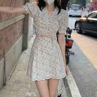 Short-sleeve V-neck Floral Drawstring Crop Blouse / High Waist Mini A-line Skirt