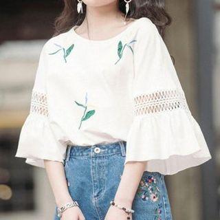 Bell-sleeve Crochet Panel Leaf Print Blouse