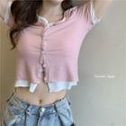 Short-sleeve Mock Two-piece Buttoned Crop Top