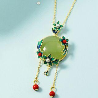 Flower Faux Gemstone Pendant Alloy Necklace Green & Gold - One Size