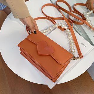 Faux Pearl Heart Buckle Flap Crossbody Bag