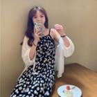 Spaghetti Strap Floral Print Midi Dress / Balloon-sleeve Jacket