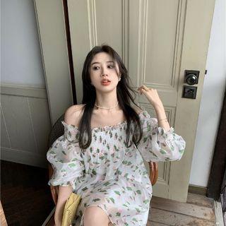 Off-shoulder Floral Mini A-line Dress White & Green - One Size