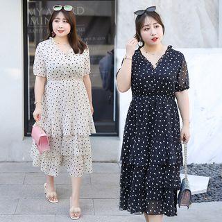 Short-sleeve Heart Print Midi Layered Dress