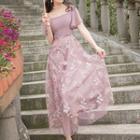 Short-sleeve Floral Embroidered Lace-up A-line Maxi Dress