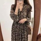 Long-sleeve Floral A-line Dress / Knit Vest