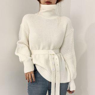Puff-sleeve Turtleneck Plain Sweater With Sash