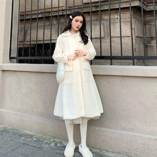 Plain Buttoned Coat/ Long-sleeve Midi A-line Lace Dress/ Slipdress/ Set