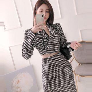 Set: Houndstooth Cropped Blazer + Midi Pencil Skirt