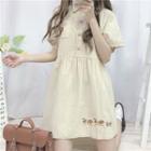 Short-sleeve Mini Embroidered A-line Dress Khaki - One Size