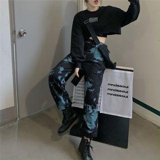 Lettering Print Cropped Pullover / Tie-dye Print High-waist Pants