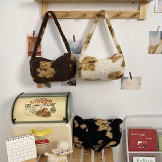 Bear Print Fleece Barrel Shoulder Bag