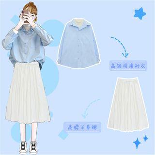 Mock Two Piece Shirt / Pleated Midi Skirt