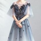 Short-sleeve Embroidered A-line Gradient Evening Gown