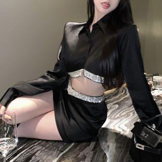 Rhinestone Cropped Blouse / Mini Pencil Skirt