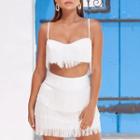 Set: Sleeveless Fringed Top + Fringed Trim Mini Skirt